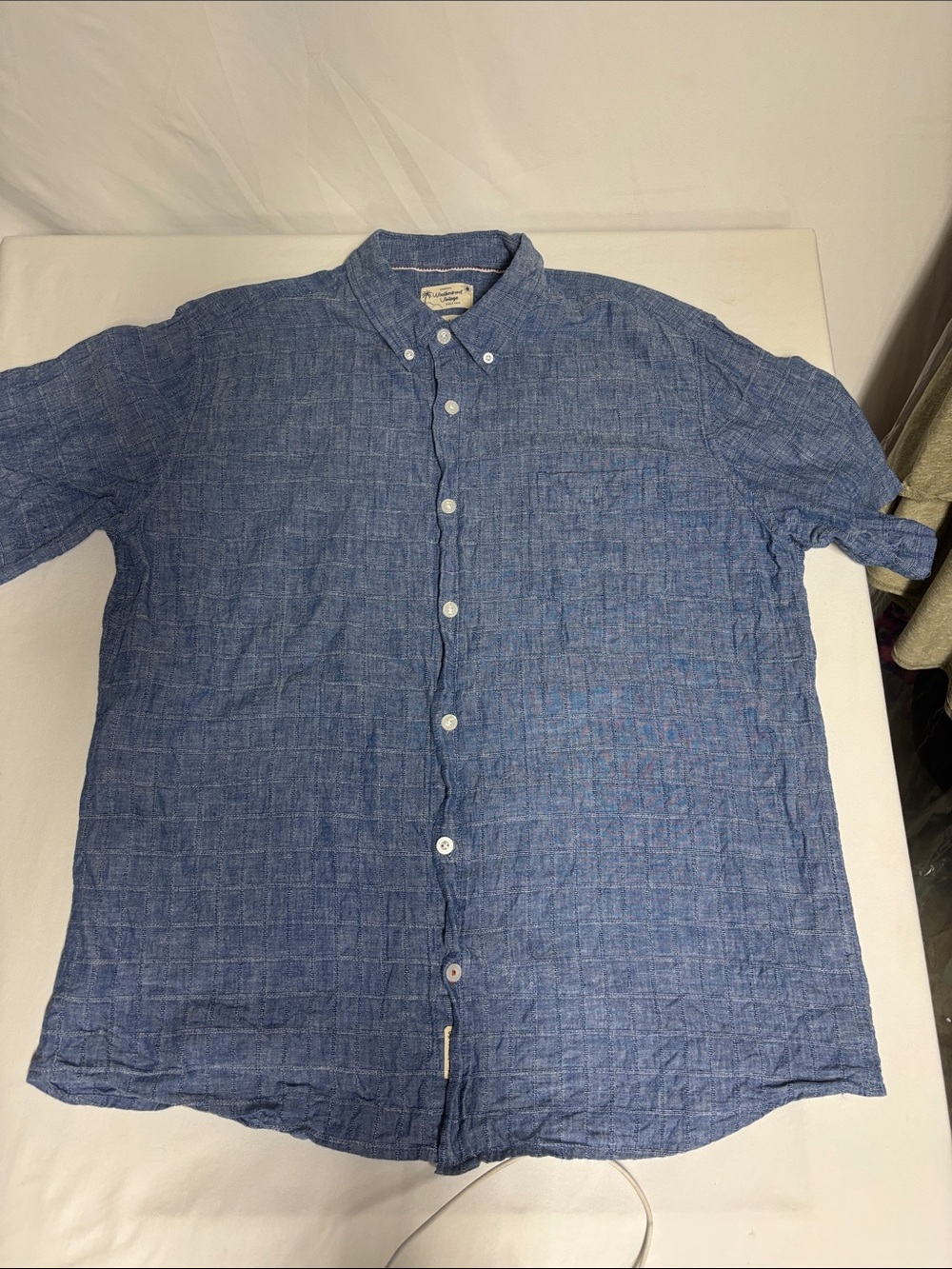Weatherproof Vintage Men's XL Washable Linen Blue Textured Check Shirt